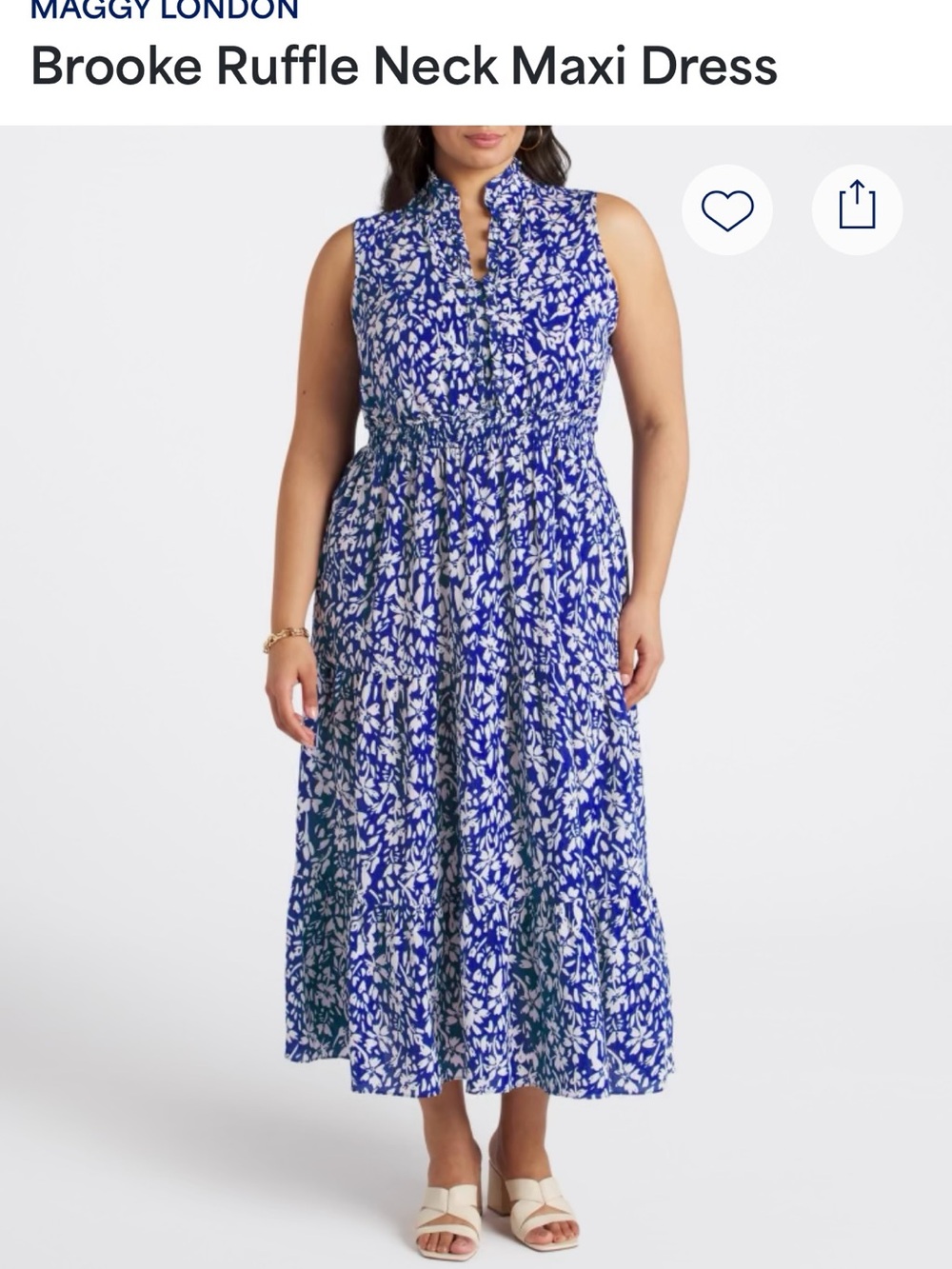 Maggy London Blue and White Floral Ruffle-Neck Maxi Dress